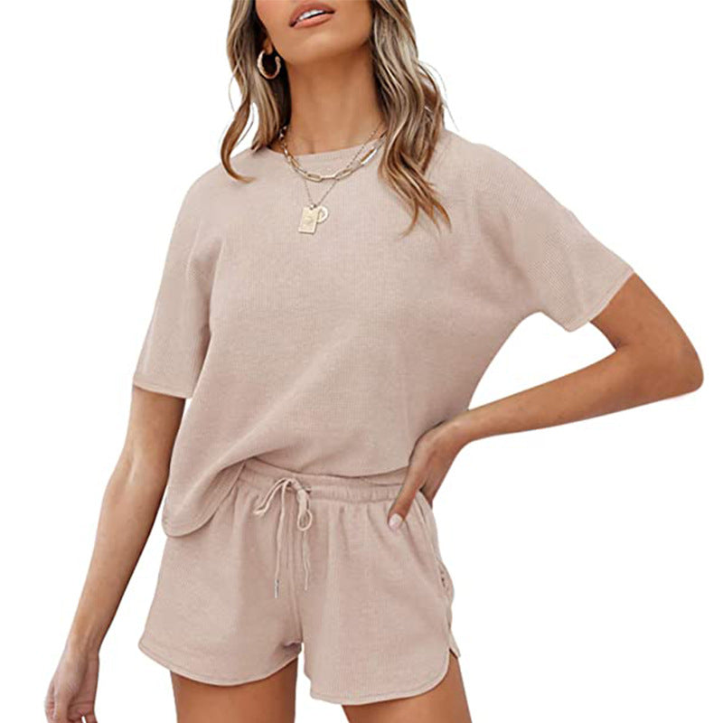 Women Short Sleeve Two Piece Casual Waffle Lounge Set