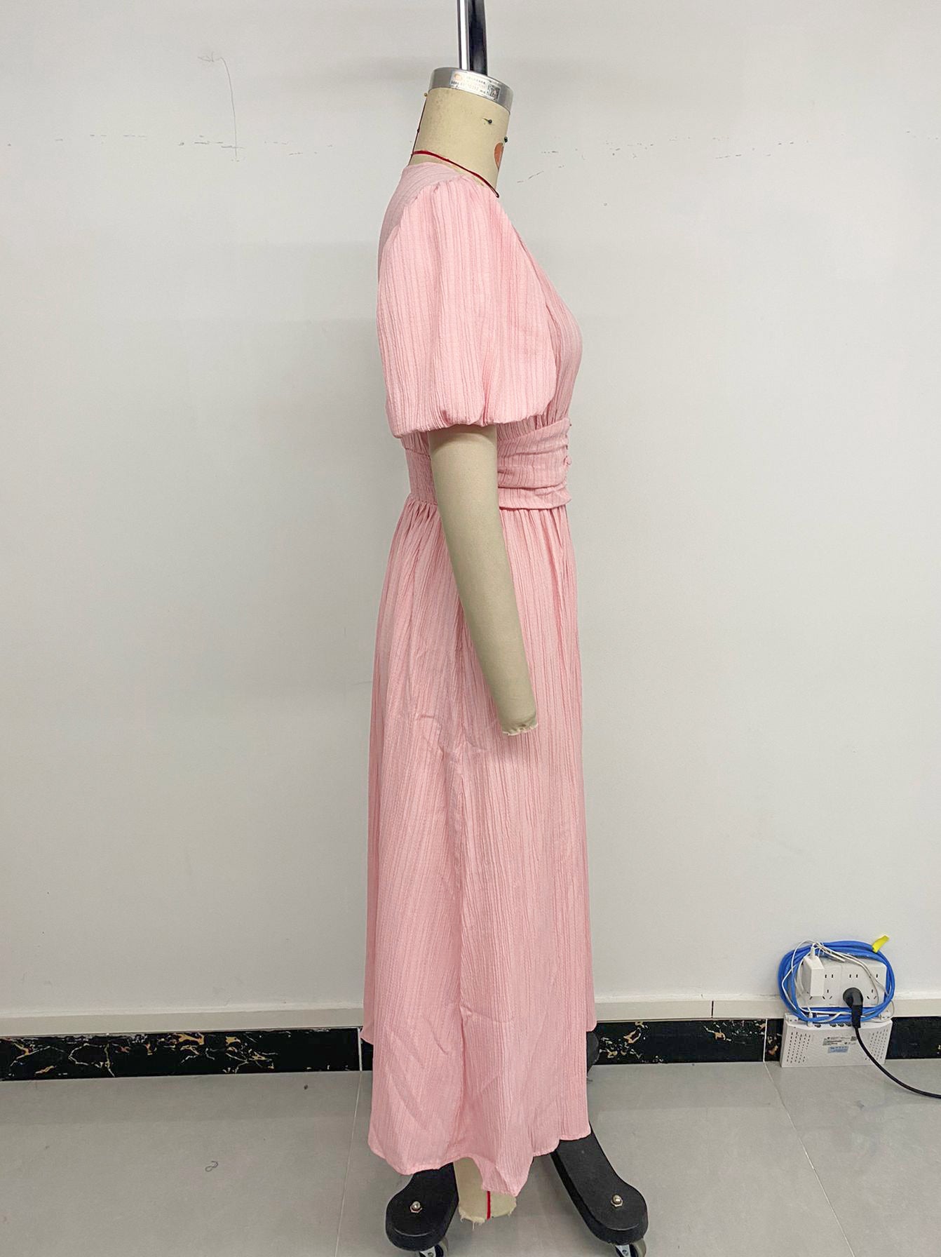 Women Mid-length Bubble Sleeve Pink Waist Dress