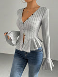 Women's V-neck Ruffled Slim-fit Knitted Top