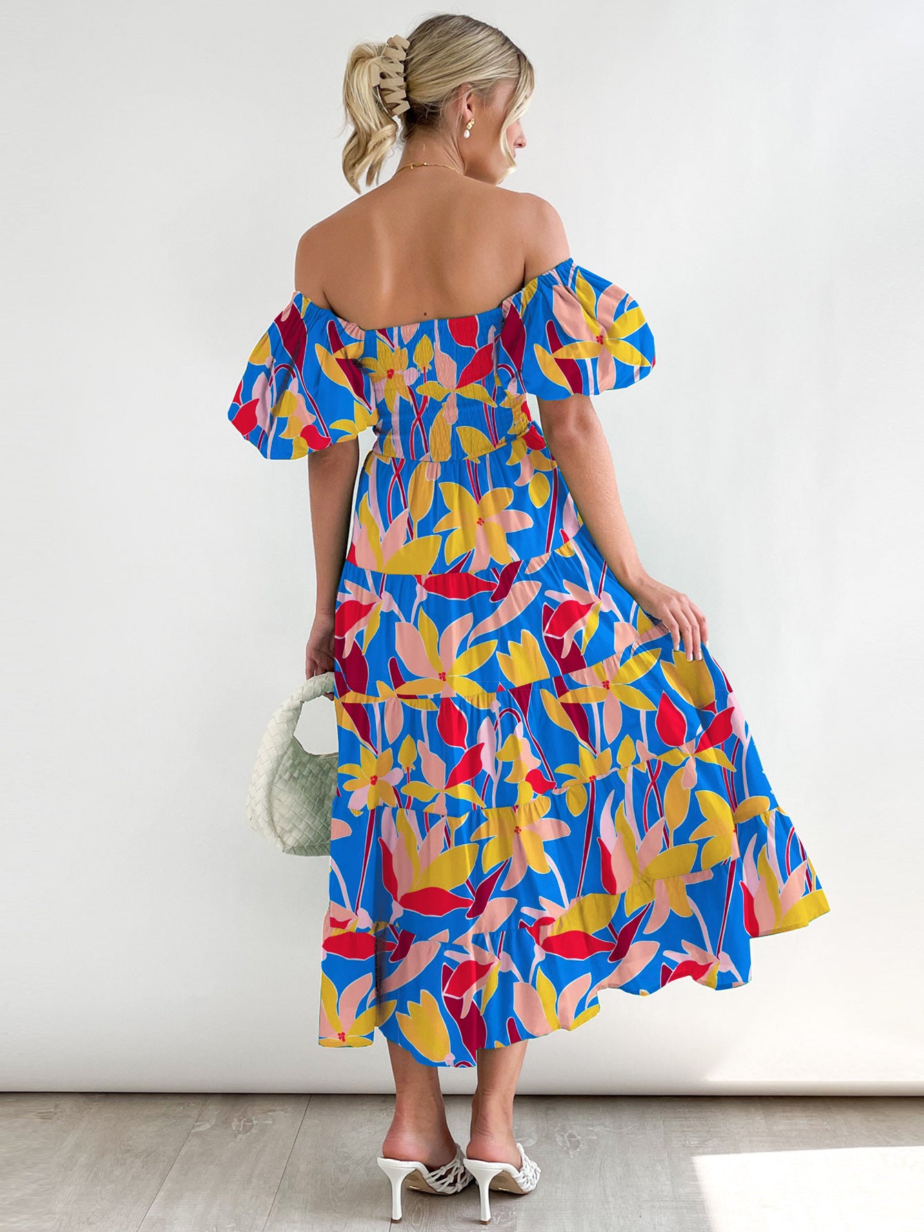 Women Bubble Sleeve Holiday Skinny Long Dress High Waist Shoulder Print Dress