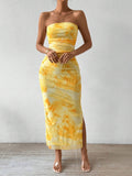 Printed High-waisted Slim Slit Tube Bodycon Dress