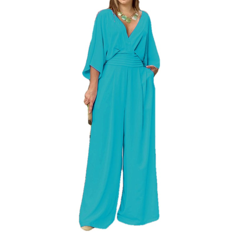 Women's Casual V-Neck Slim-Fit Solid Color Wide Leg Jumpsuit