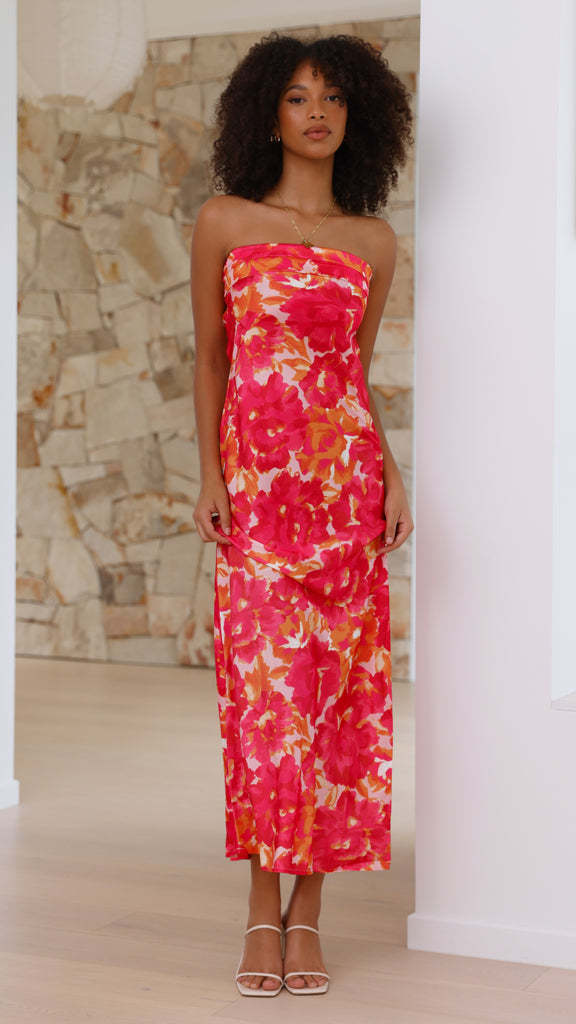 Women's Tube Satin Backless Strapless Dress with Print