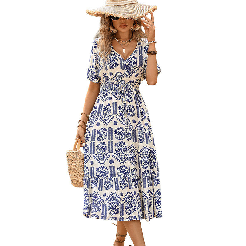 Women's Vacation V-neck Short-sleeved Ethnic Print Dress