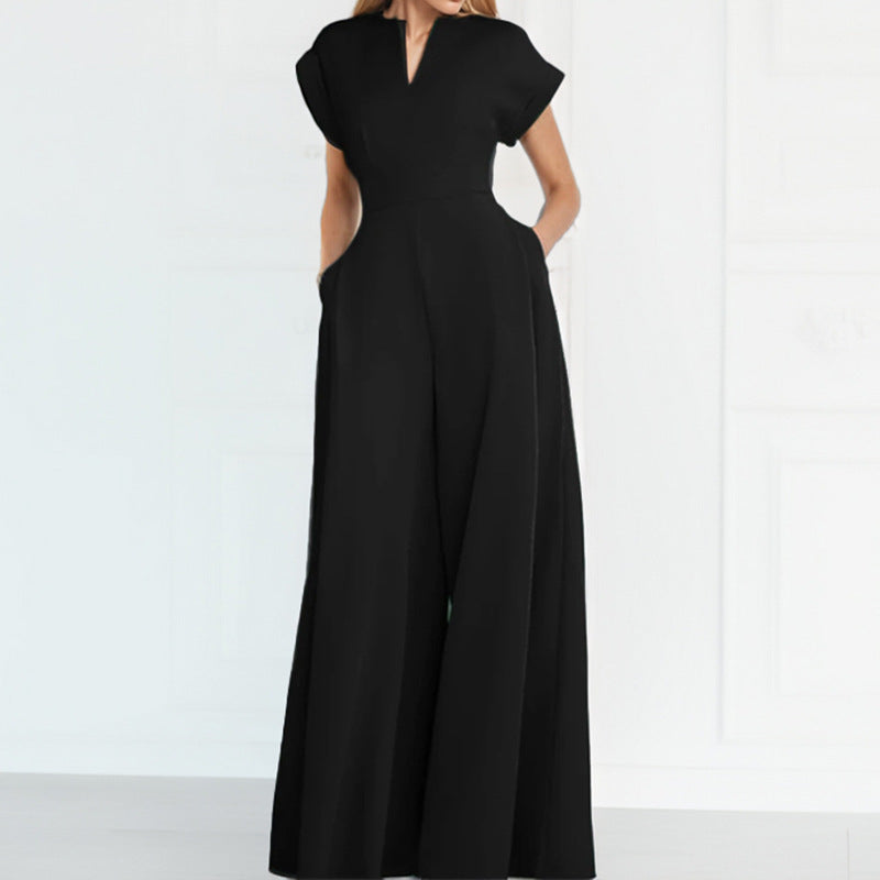 Women's Fashion V-neck Solid Color Slim-fit Wide-leg Jumpsuit