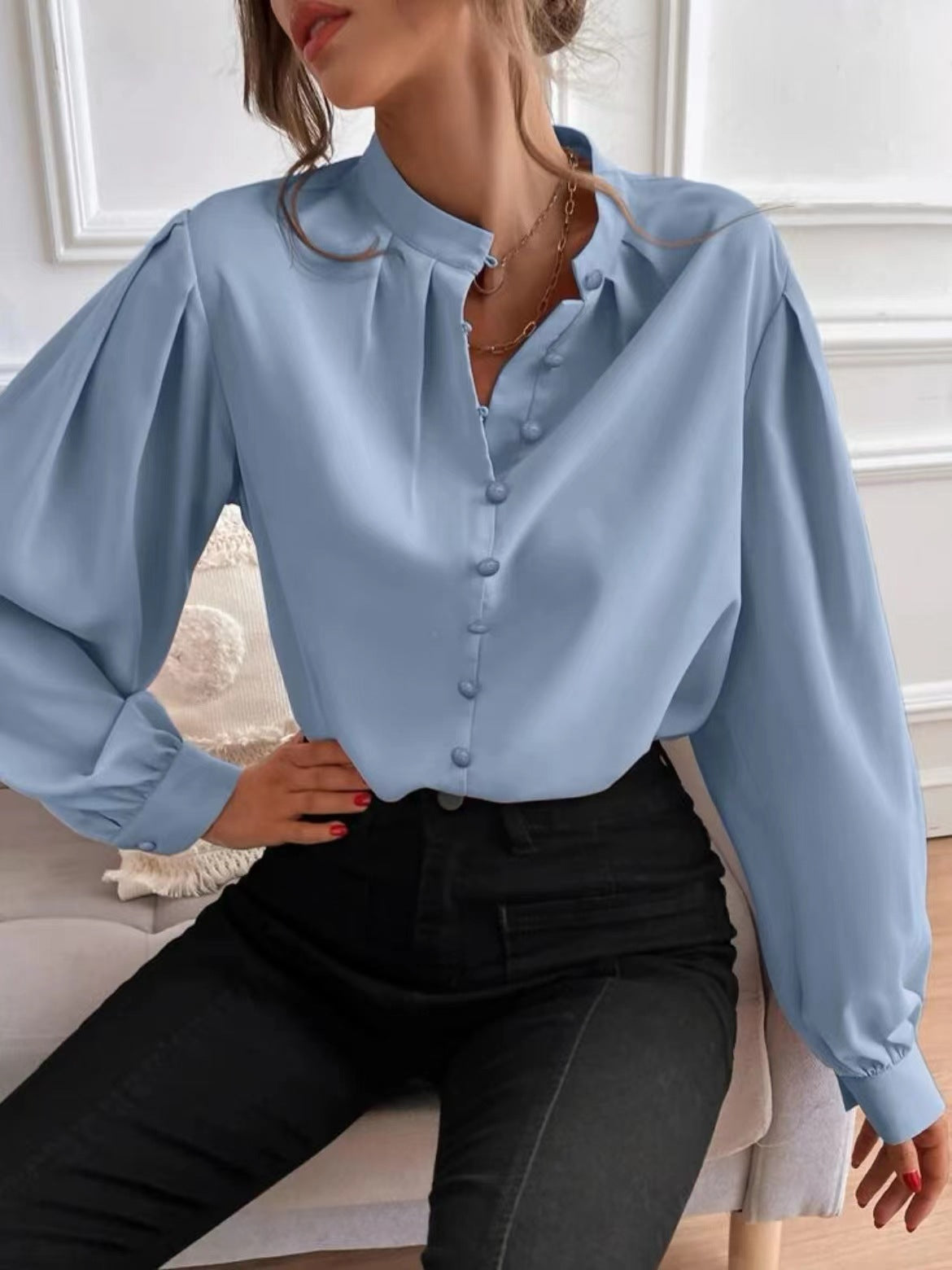 Solid color lapel long-sleeved button-up blouse shirt