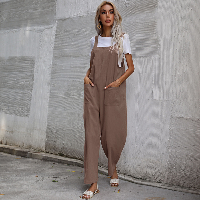 Casual Cotton and Linen Pocket Solid Color Sleeveless Jumpsuit