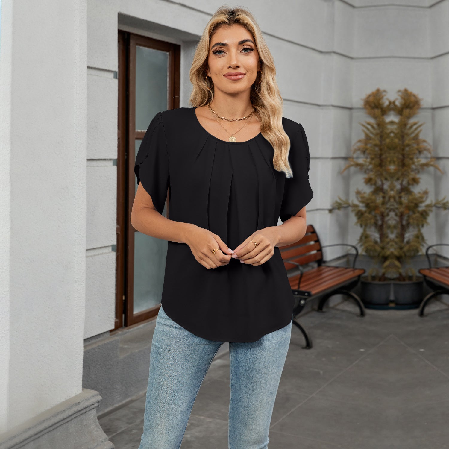 Women Crew Neck Short Sleeve Pleated Loose Chiffon Top