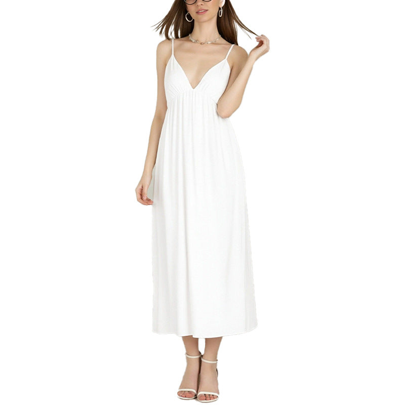 Sexy Backless Sleeveless Solid Color V-neck Dress