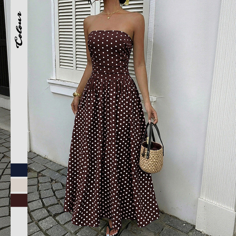 Retro Long Dress Sleeveless Tube Top Polka Dot Dress