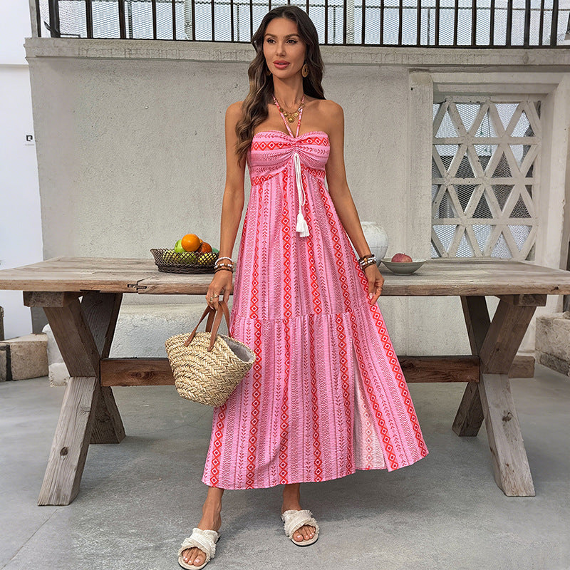 Boho Halter Neck Slit Geometric Print Dress