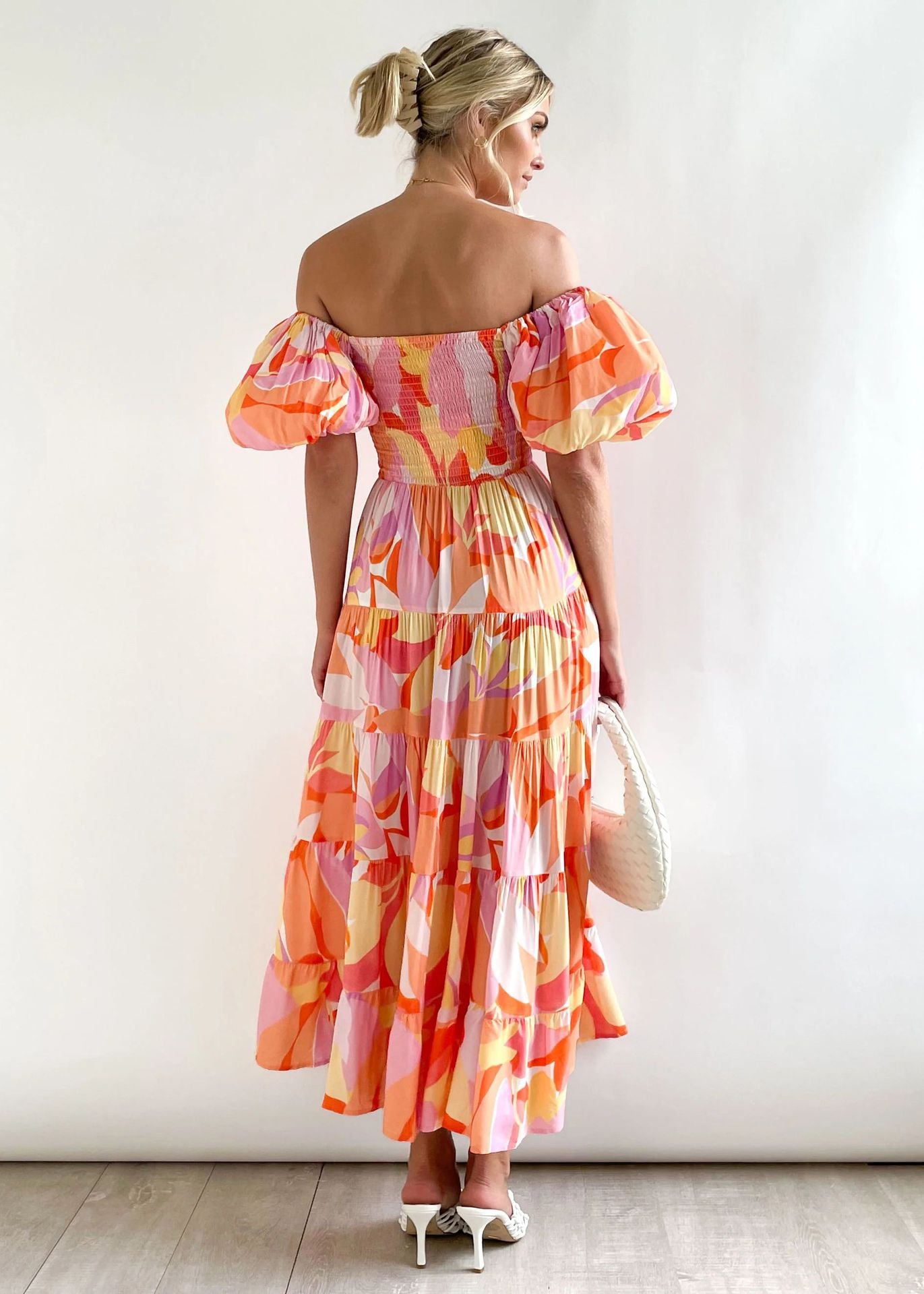 Offshoulder Printed Bubble Sleeve Dress for Women