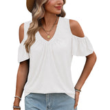 Women Solid Color V-Neck Off-Shoulder Short Sleeve T-Shirt Top