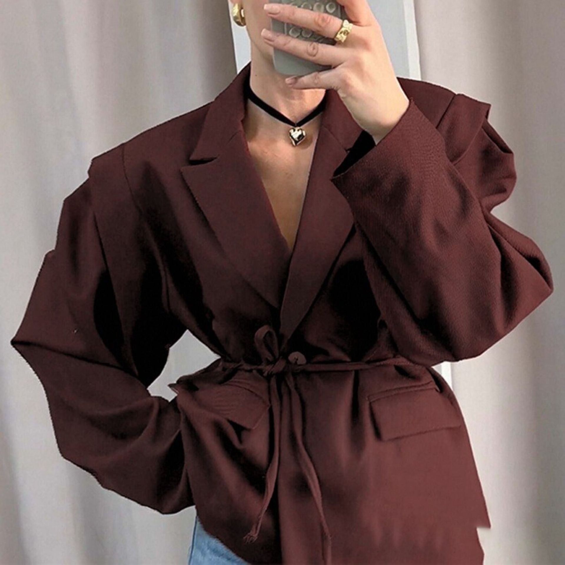 Women's Solid Color Lace-up Suit Collar Coat