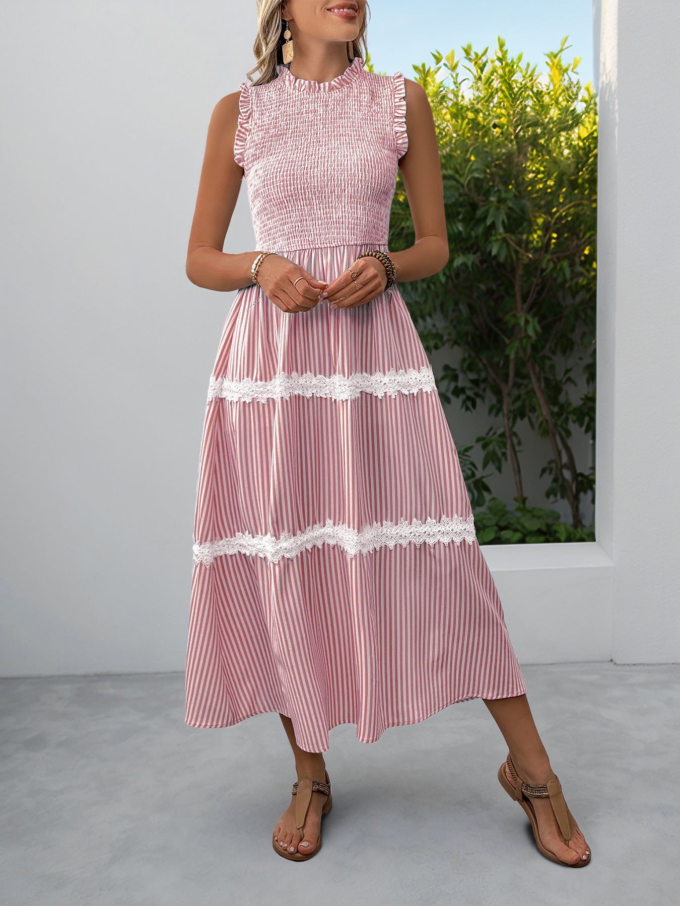 Casual Women's Lace Sleeveless Striped Dress