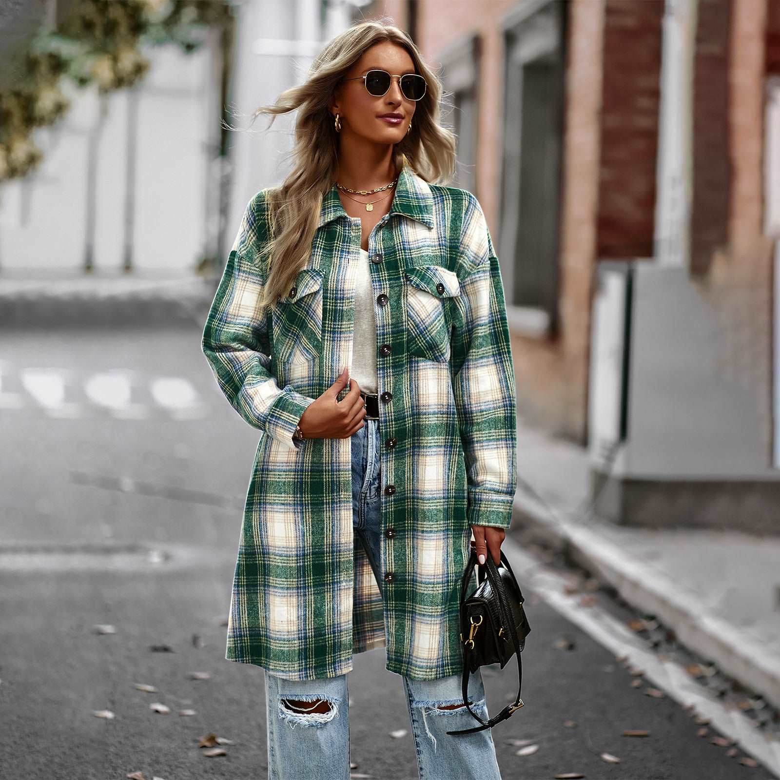 Women's Long Sleeve Button Down Jackets Plaid Flannel Shirts Tops Casual Lapel V Neck Oversized Shackets Blouses Top