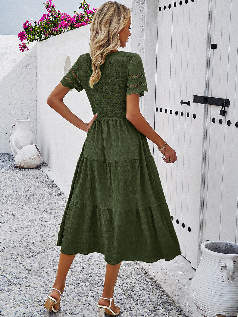 Solid Color Short-sleeved Cut-out Dress for Women