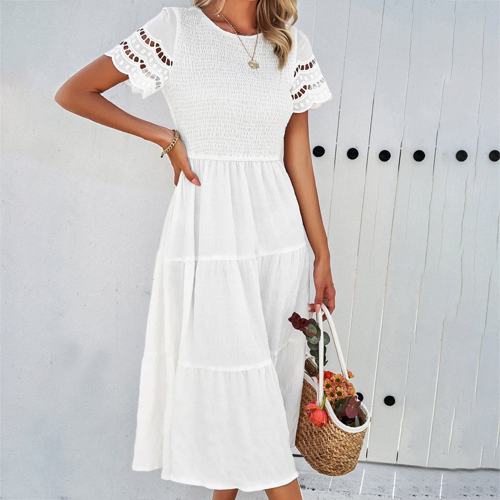 Solid Color Short-sleeved Cut-out Dress for Women