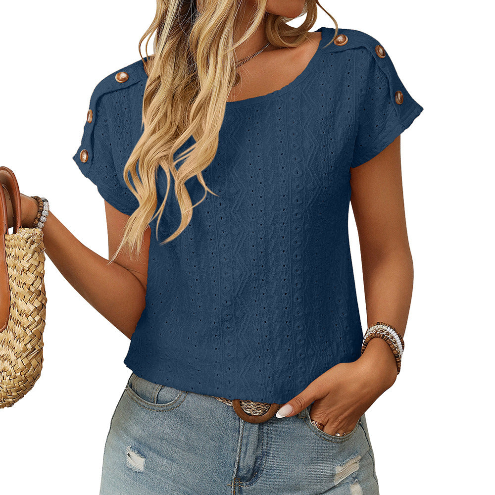 Women's Solid Color Crew Neck Button Short Sleeve T-Shirt Top