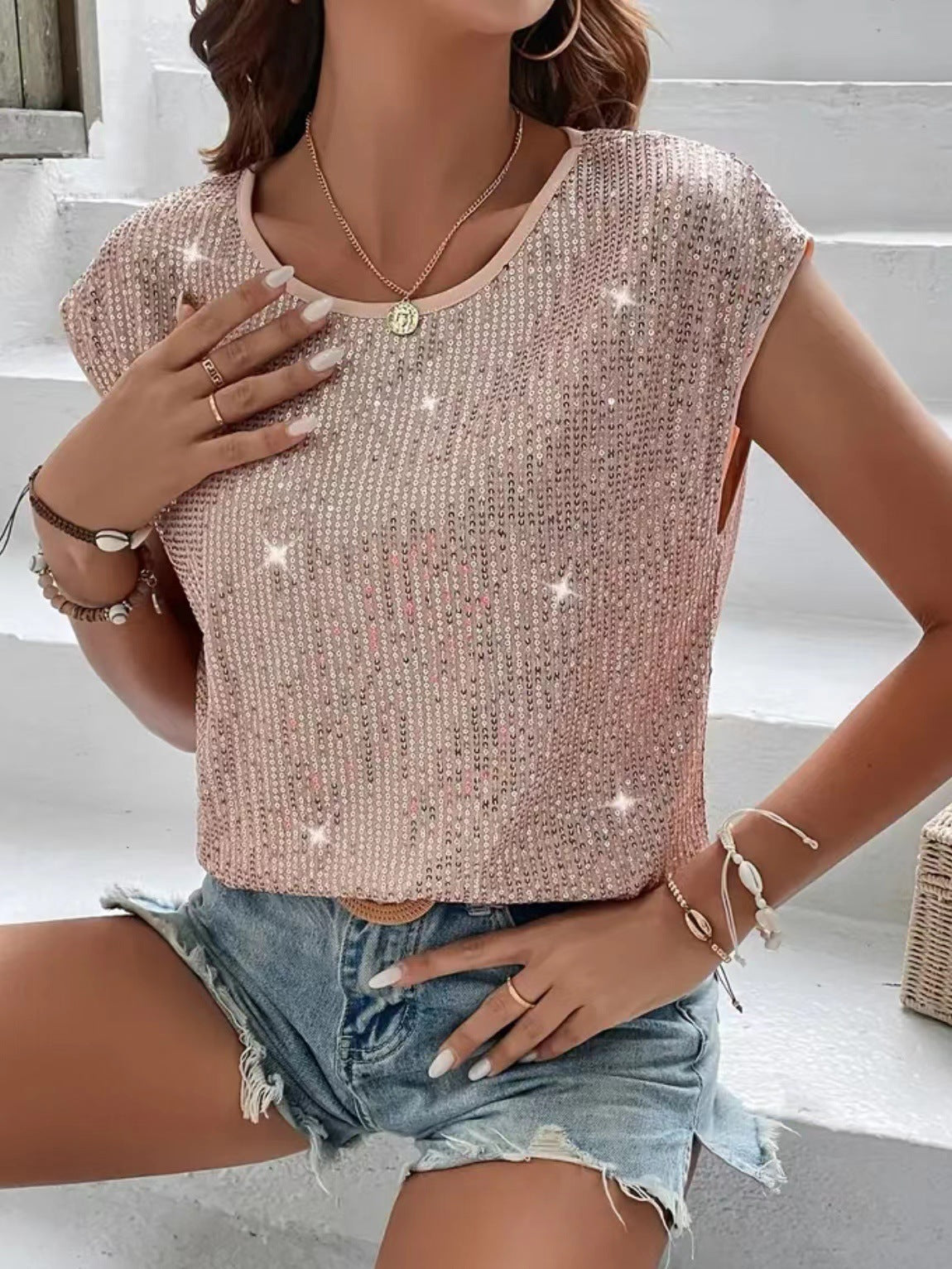 Casual Fashion Party Crew Neck Sleeveless Top Women's Sequins T-Shirt