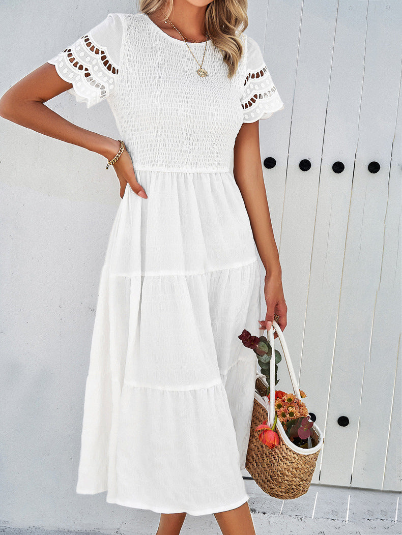 Solid Color Short-sleeved Cut-out Dress for Women