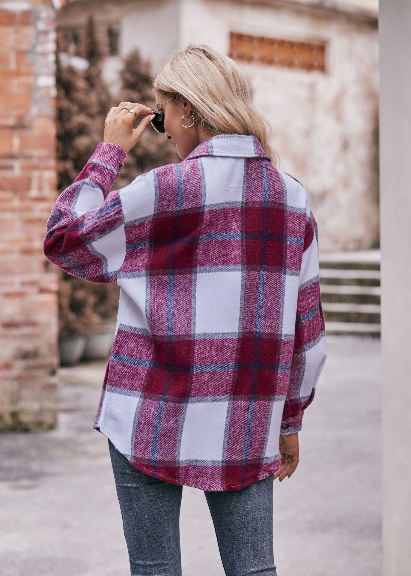 Women's Fall and Winter New Cross-border Women's Plaid Jacket Casual Loose Pocket Shirt