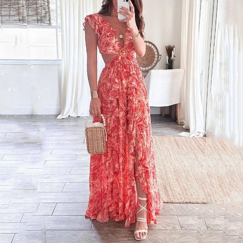 Sexy Deep V-neck Waist Print Dress Long Dress