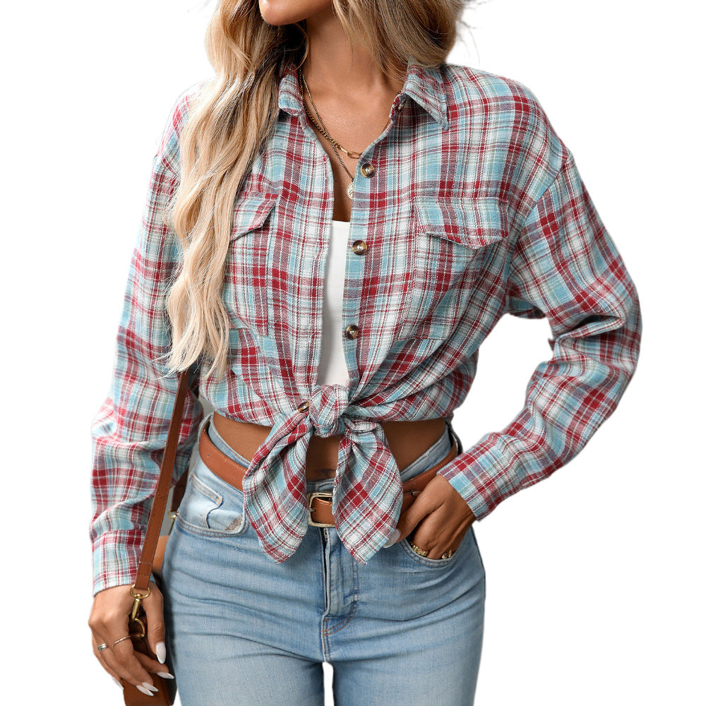 Casual Fashion Loose Plaid Pocket Shirt Women