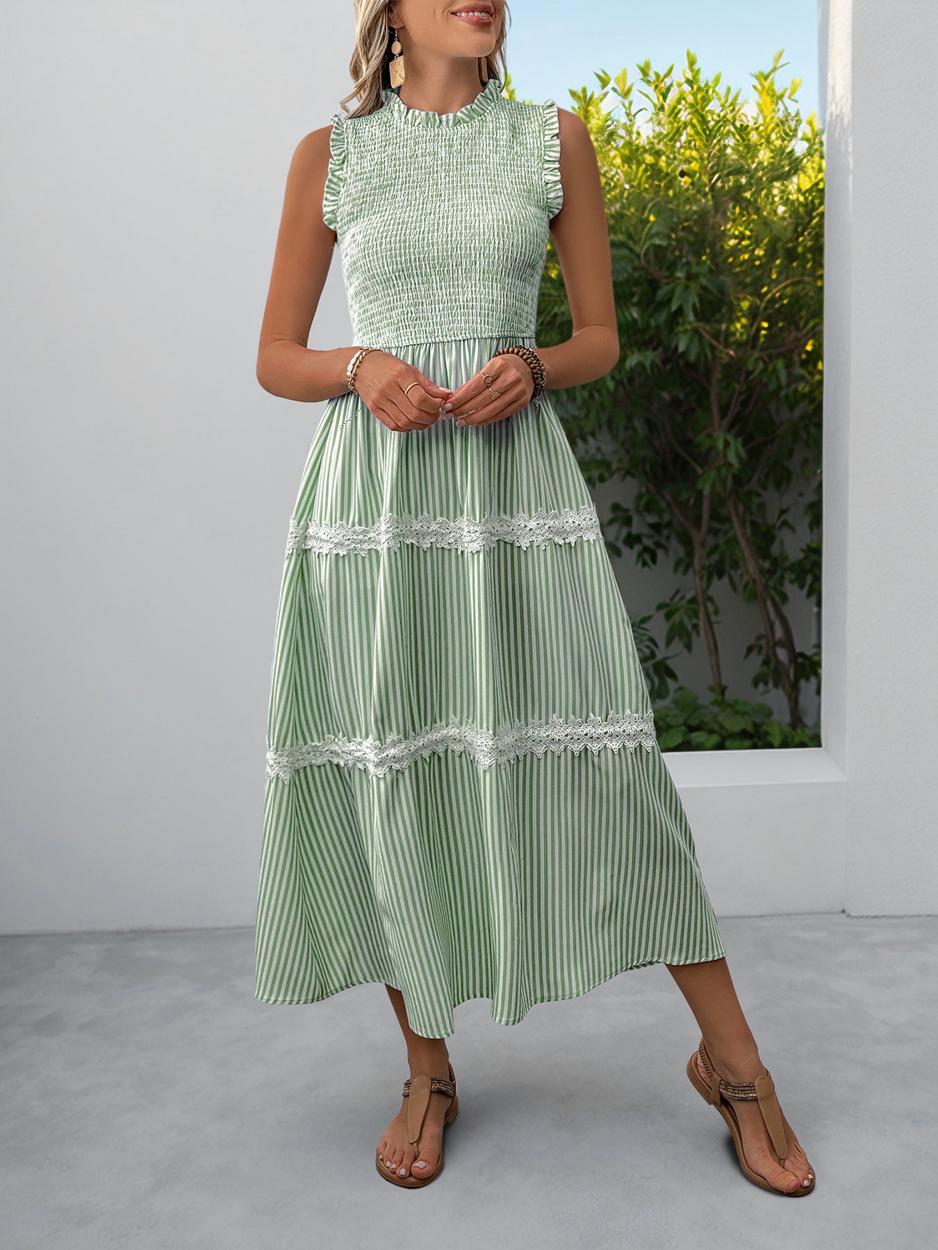 Casual Women's Lace Sleeveless Striped Dress