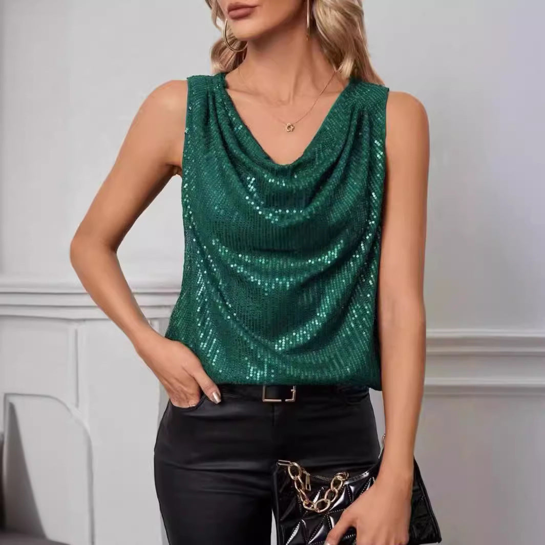 Sexy V-Neck Tubular Sequins Loose Pullover Women's Vest