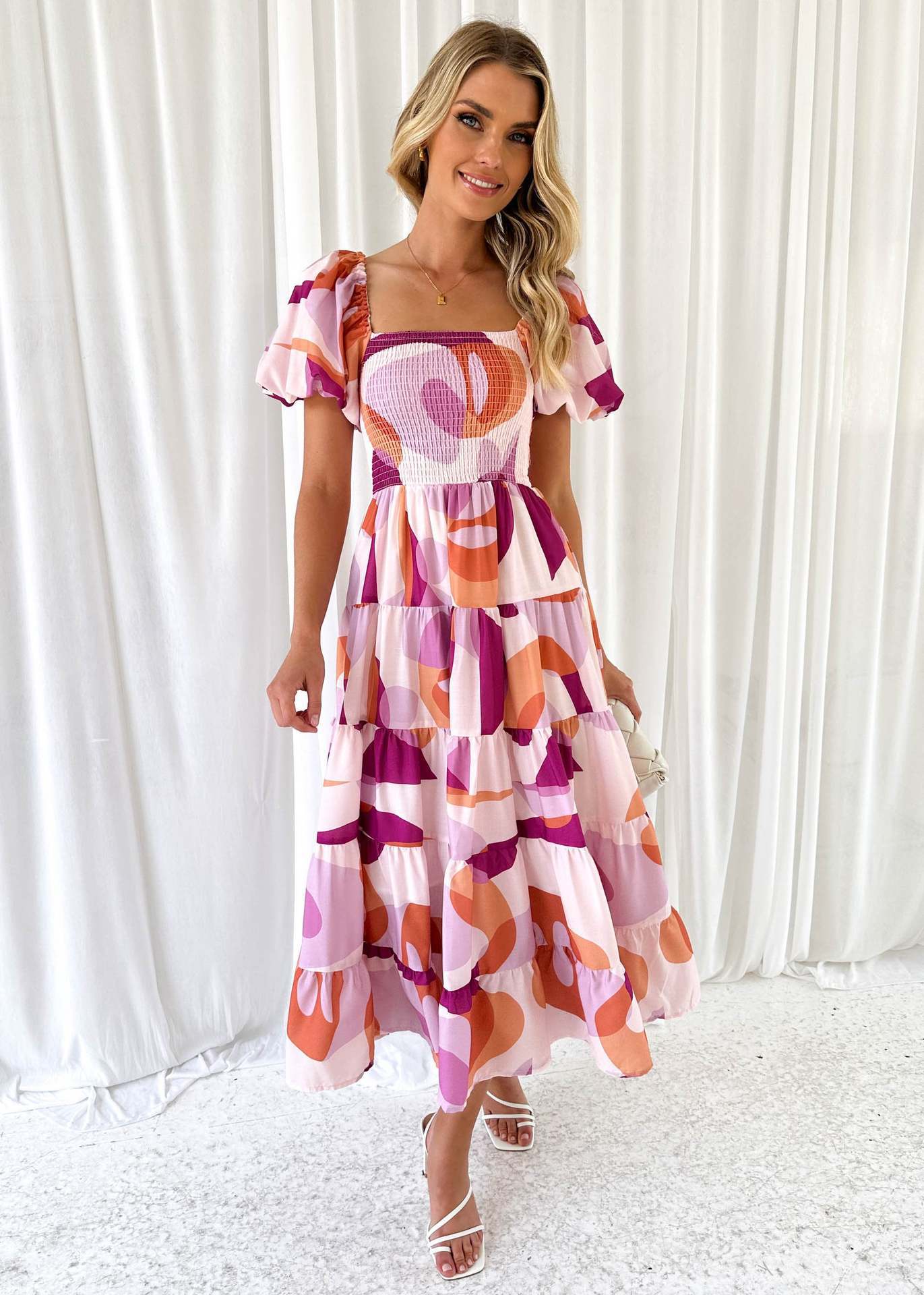 Offshoulder Printed Bubble Sleeve Dress for Women