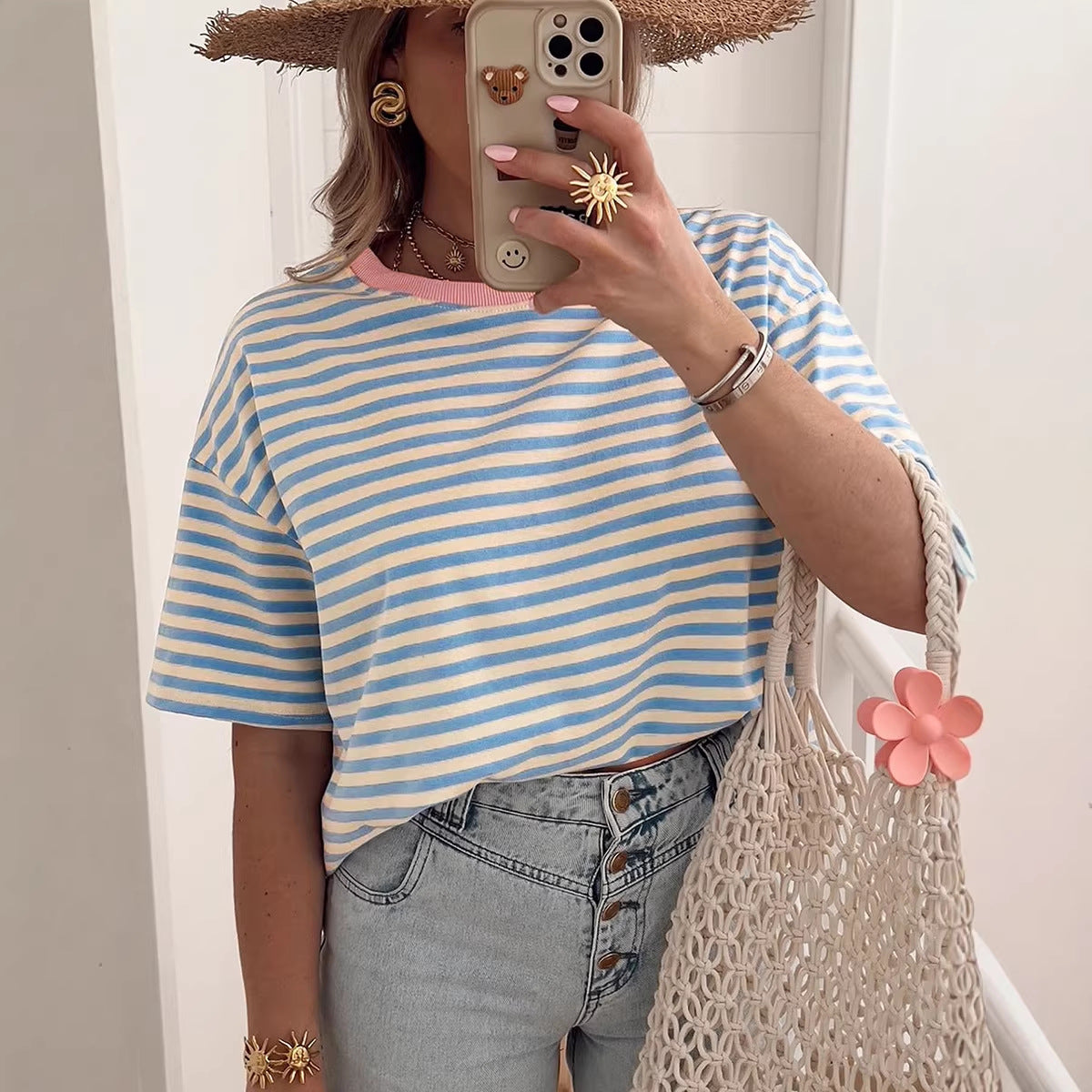 Sky Blue Stripe Contrast Crew Neck Drop Shoulder Loose Tee