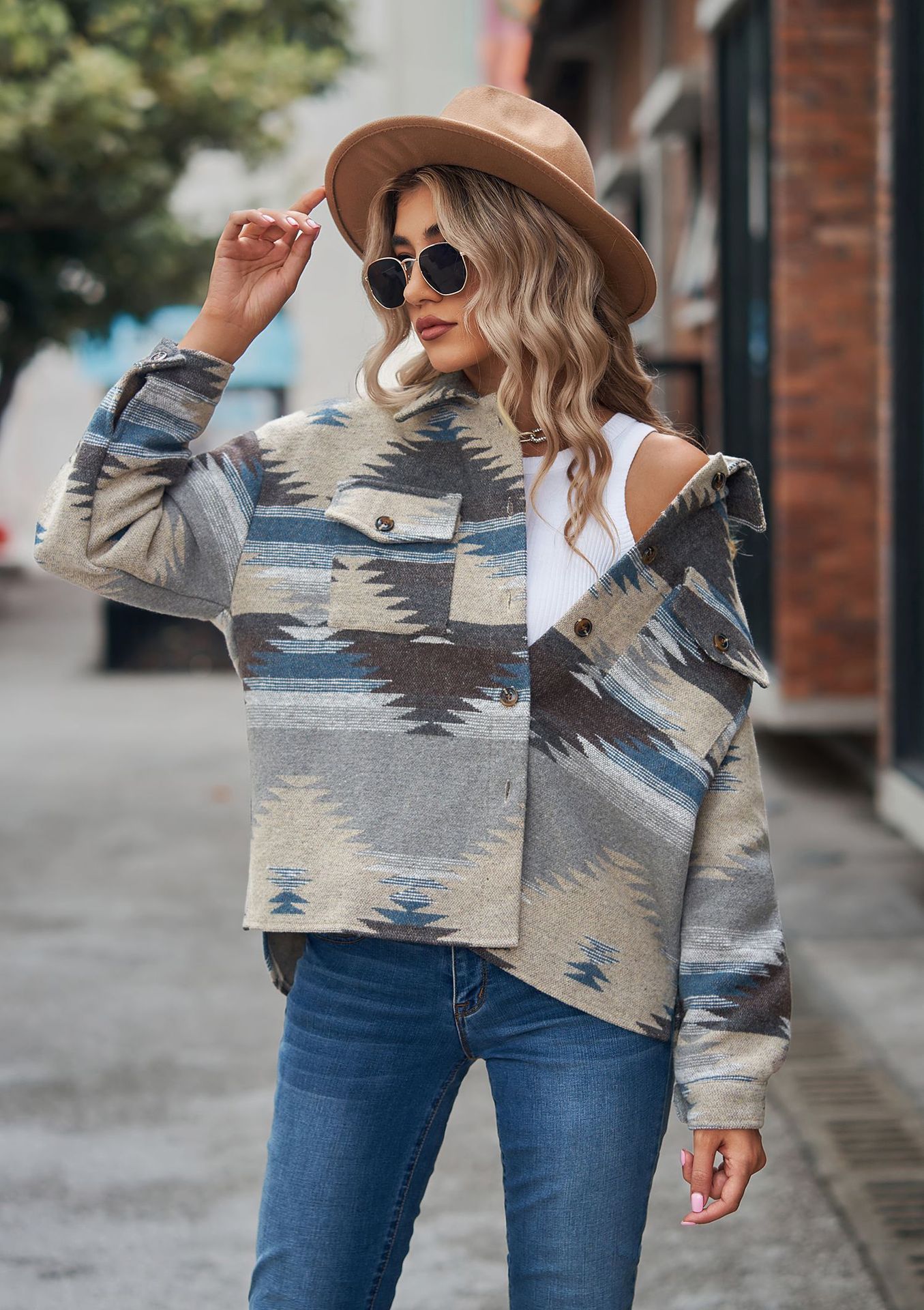 Casual Aztec Print Button Down Woolen Long Sleeve Jacket Coat