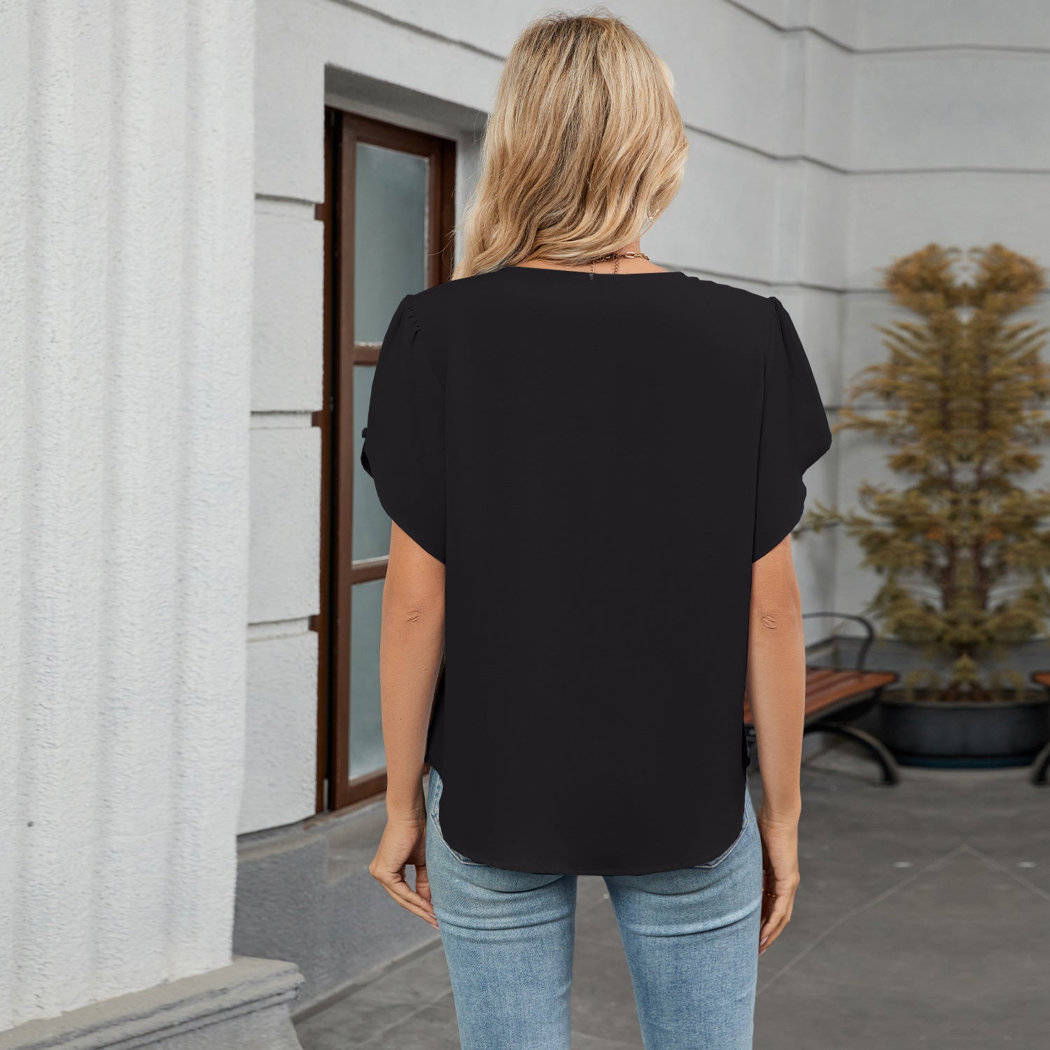 Women Crew Neck Short Sleeve Pleated Loose Chiffon Top