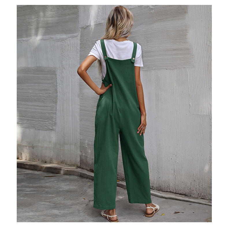 Casual Cotton and Linen Pocket Solid Color Sleeveless Jumpsuit
