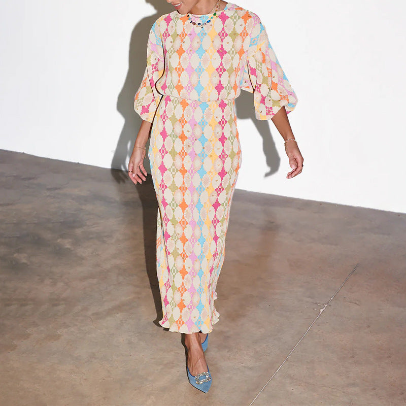 Women's Printed V-Neck Lantern Sleeve Dress