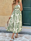 Women's Waist Green Leaf Print Dress