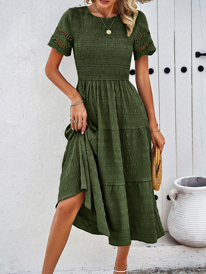 Solid Color Short-sleeved Cut-out Dress for Women