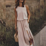 Solid Color Round Neck Sleeveless Lantern Split Dress
