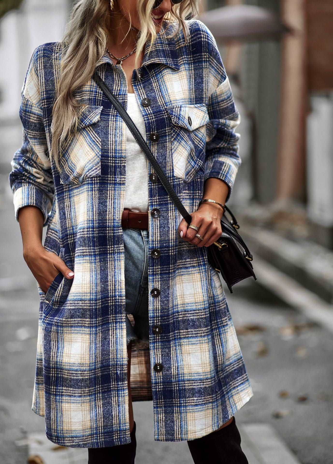 Women's Long Sleeve Button Down Jackets Plaid Flannel Shirts Tops Casual Lapel V Neck Oversized Shackets Blouses Top