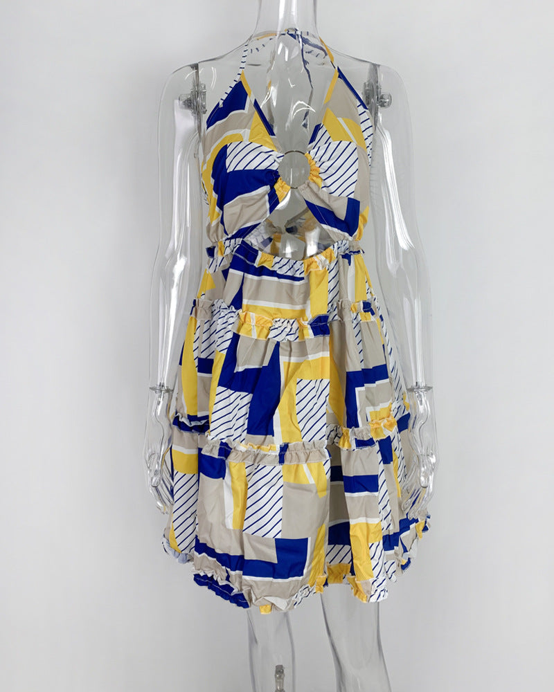 Women Sexy Neck Print Ruffle Edge Dress
