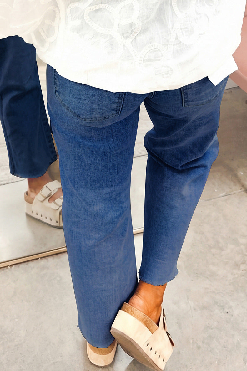 Women High Waist Jeans Big Pockets Slim Fit Skinny