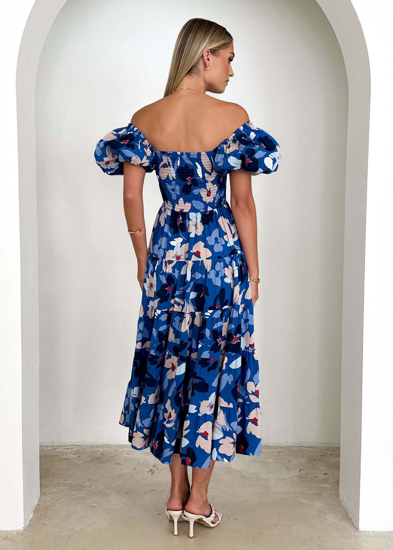 Women Bubble Sleeve Holiday Skinny Long Dress High Waist Shoulder Print Dress