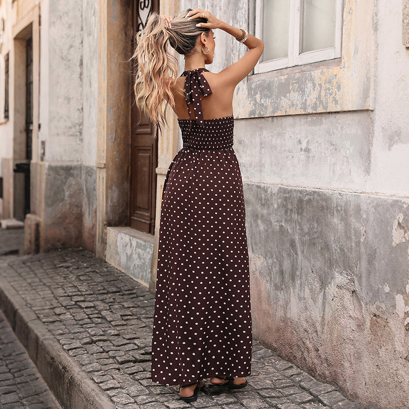 Vintage Neck Slim Fit Deep V-neck Suspender Polka Dot Dress