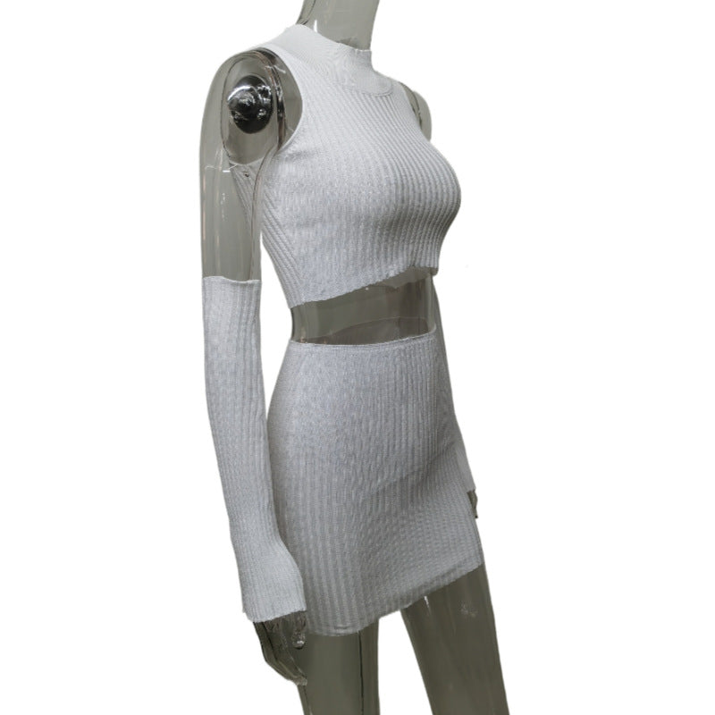 Women Open-button Sleeveless Vest Knitted Skirt Set