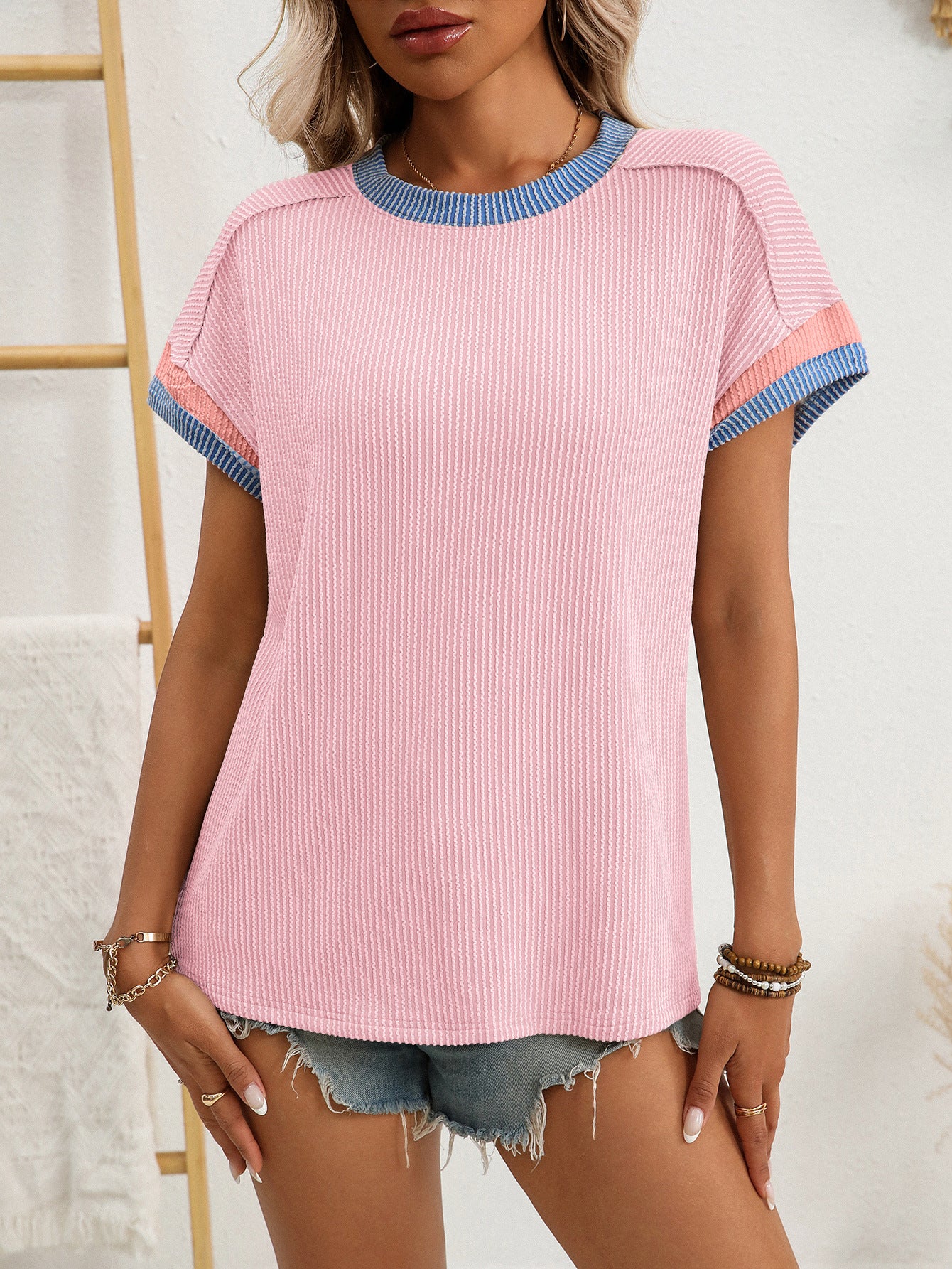 Summer Round Neck Short-sleeved Loose Color Matching T-shirt