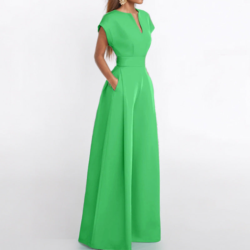 Women's Fashion V-neck Solid Color Slim-fit Wide-leg Jumpsuit