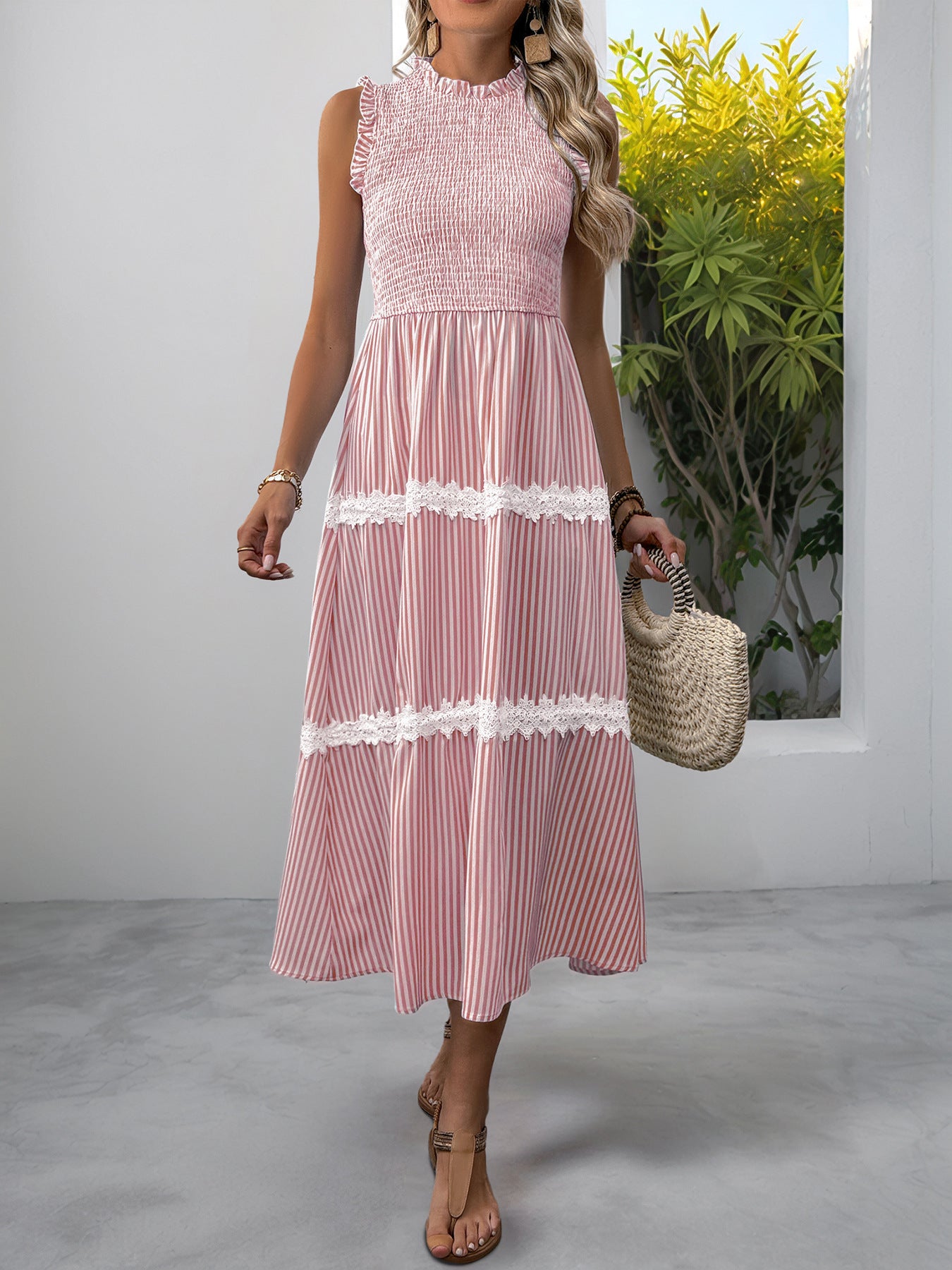 Casual Women's Lace Sleeveless Striped Dress