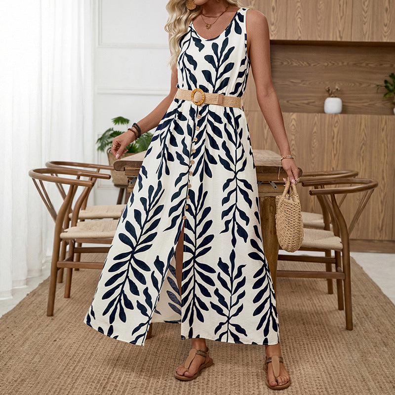 Women's Sleeveless Shoulder Strap Dress Leaf Print Split Dress