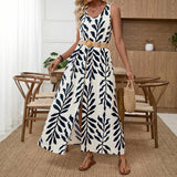 Women's Sleeveless Shoulder Strap Dress Leaf Print Split Dress